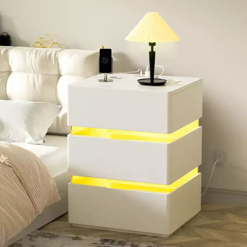 VINGLI White Nightstand with Charging Station, Led Nightstand, 3 Drawer Nightstand, Smart Nightstand