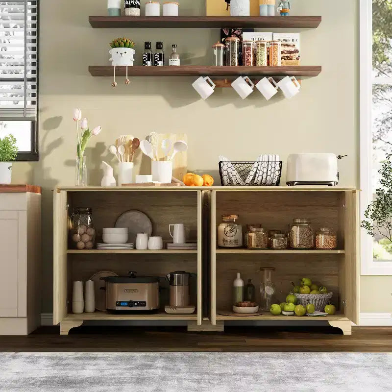 Buffet de cuisine en bois à 4 portes et étagères réglables, pour cuisines et salles à manger
