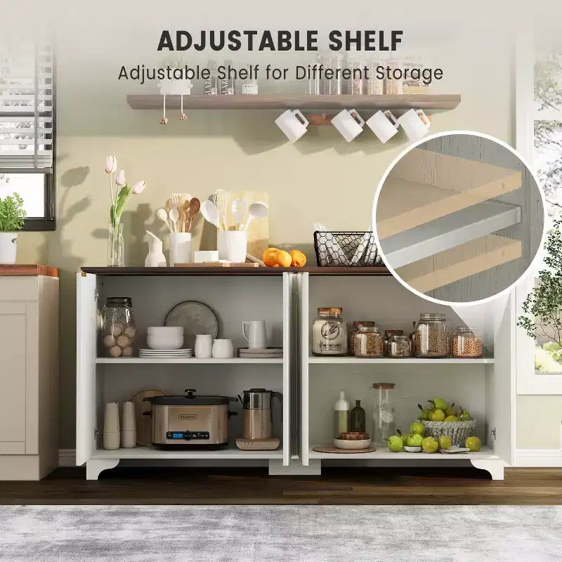Buffet de cuisine en bois à 4 portes et étagères réglables, pour cuisines et salles à manger