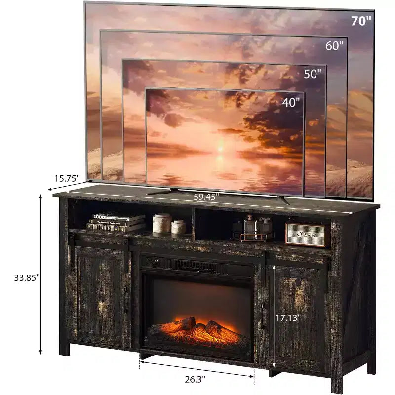 Meuble TV de cheminée avec porte de grange coulissante pour téléviseur de 70 pouces, meuble de divertissement style ferme avec cheminée de 23 pouces