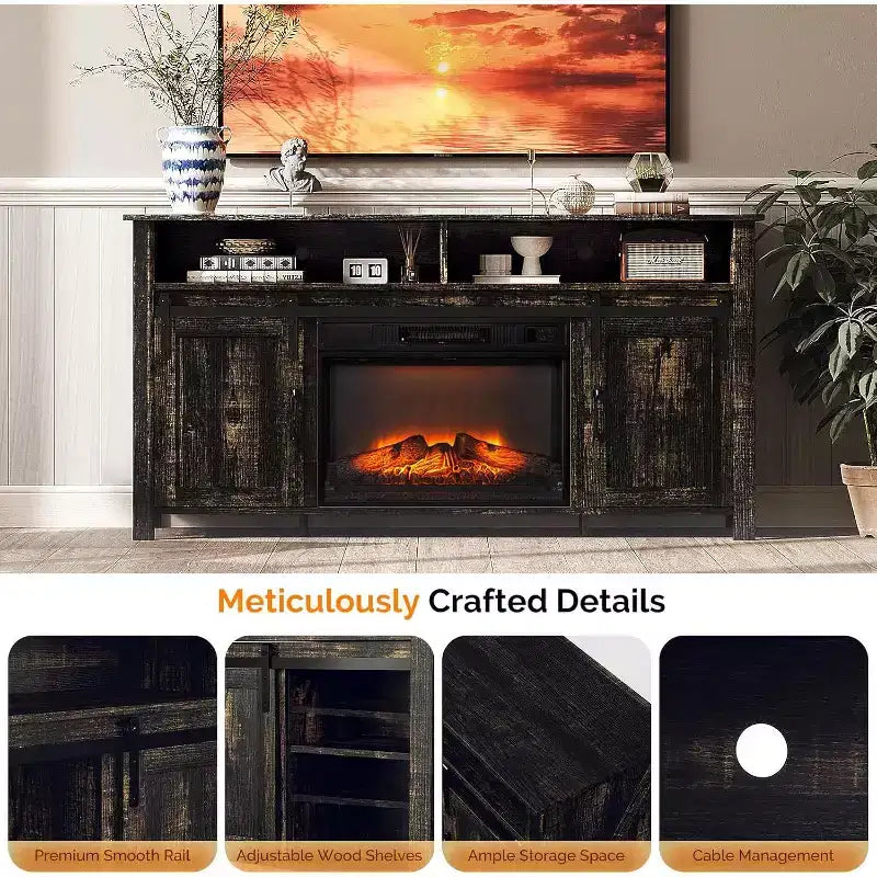 Meuble TV de cheminée avec porte de grange coulissante pour téléviseur de 70 pouces, meuble de divertissement style ferme avec cheminée de 23 pouces