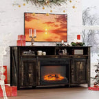 Meuble TV de cheminée avec porte de grange coulissante pour téléviseur de 70 pouces, meuble de divertissement style ferme avec cheminée de 23 pouces