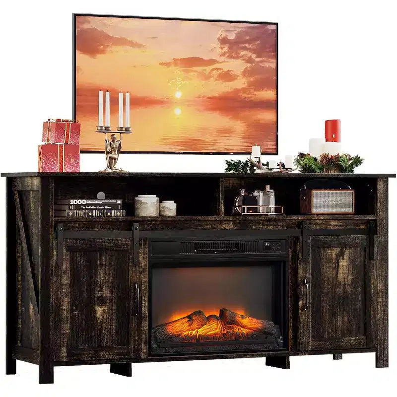Meuble TV de cheminée avec porte de grange coulissante pour téléviseur de 70 pouces, meuble de divertissement style ferme avec cheminée de 23 pouces