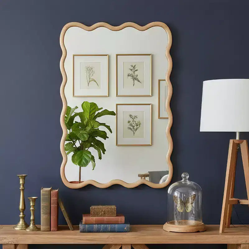 Natural Wood Color 24x36 Wavy Rectangle Solid Wood Frame Decorative Mirror,For Bedroom, Bathroom, Living Room, Entryway