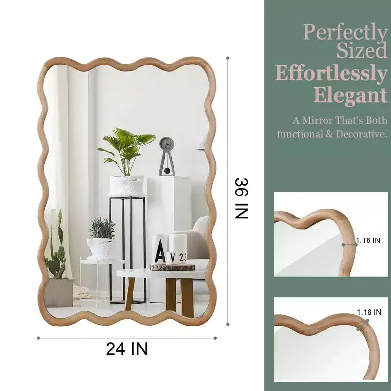 Miroir décoratif 24x36 en bois massif, forme rectangulaire ondulée, couleur bois naturel, pour chambre, salle de bain, salon, entrée