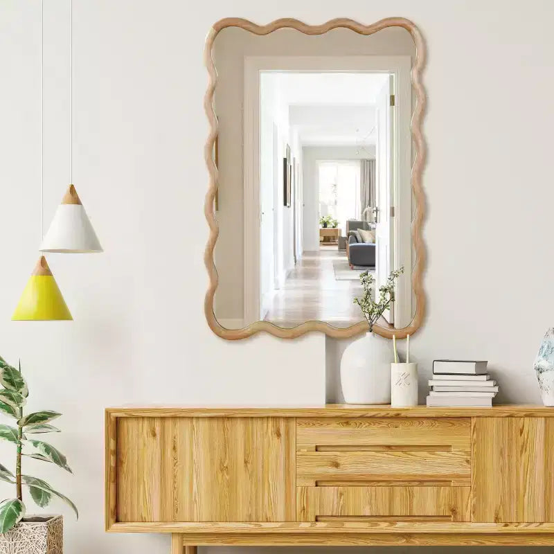 Miroir décoratif 24x36 en bois massif, forme rectangulaire ondulée, couleur bois naturel, pour chambre, salle de bain, salon, entrée