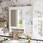 Armoire de toilette murale, armoire à pharmacie avec grande porte miroir, étagères réglables et trois niveaux de rangement ouverts