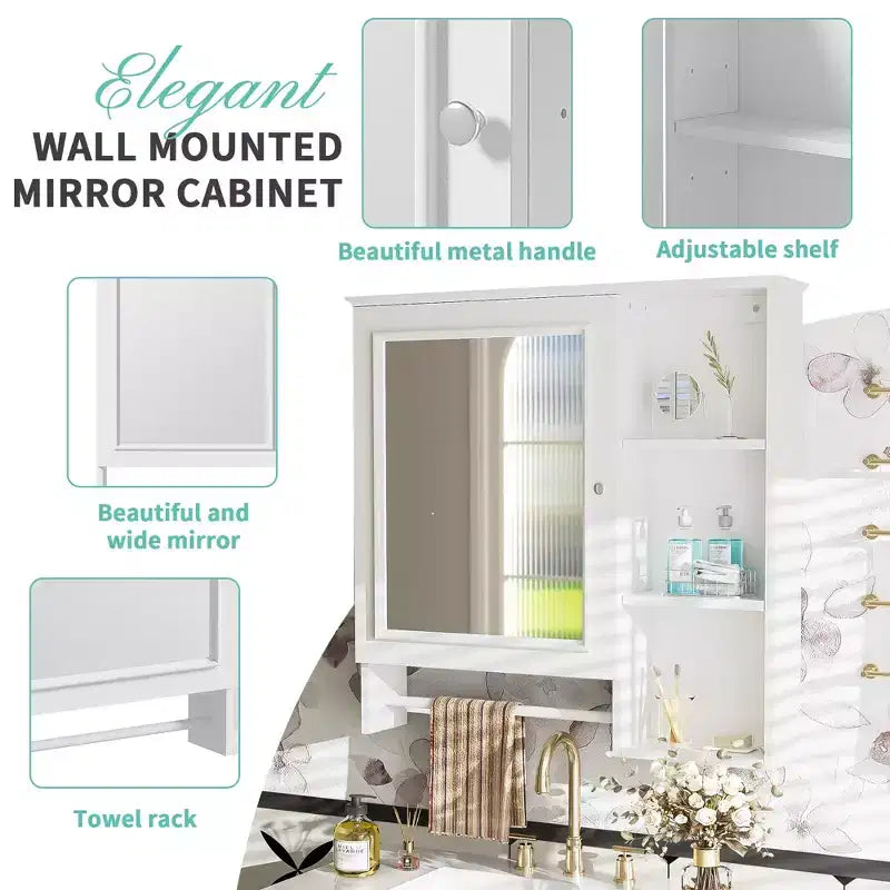 Armoire de toilette murale, armoire à pharmacie avec grande porte miroir, étagères réglables et trois niveaux de rangement ouverts