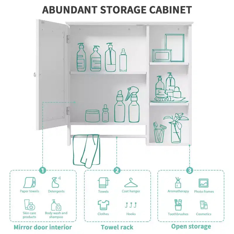 Armoire de toilette murale, armoire à pharmacie avec grande porte miroir, étagères réglables et trois niveaux de rangement ouverts