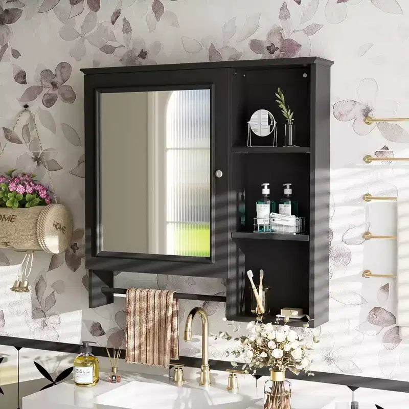 Armoire de toilette murale, armoire à pharmacie avec grande porte miroir, étagères réglables et trois niveaux de rangement ouverts