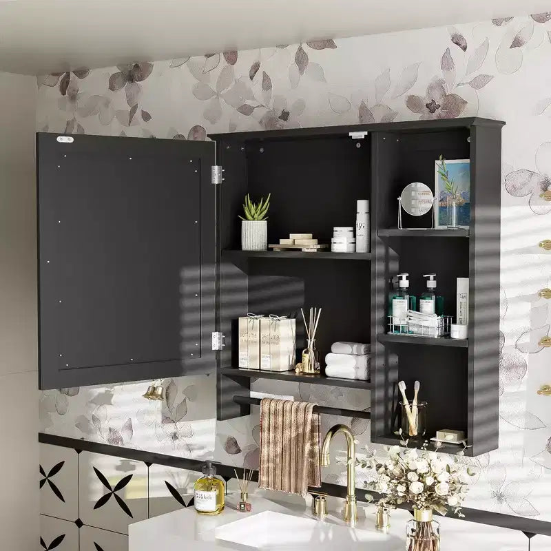 Armoire de toilette murale, armoire à pharmacie avec grande porte miroir, étagères réglables et trois niveaux de rangement ouverts
