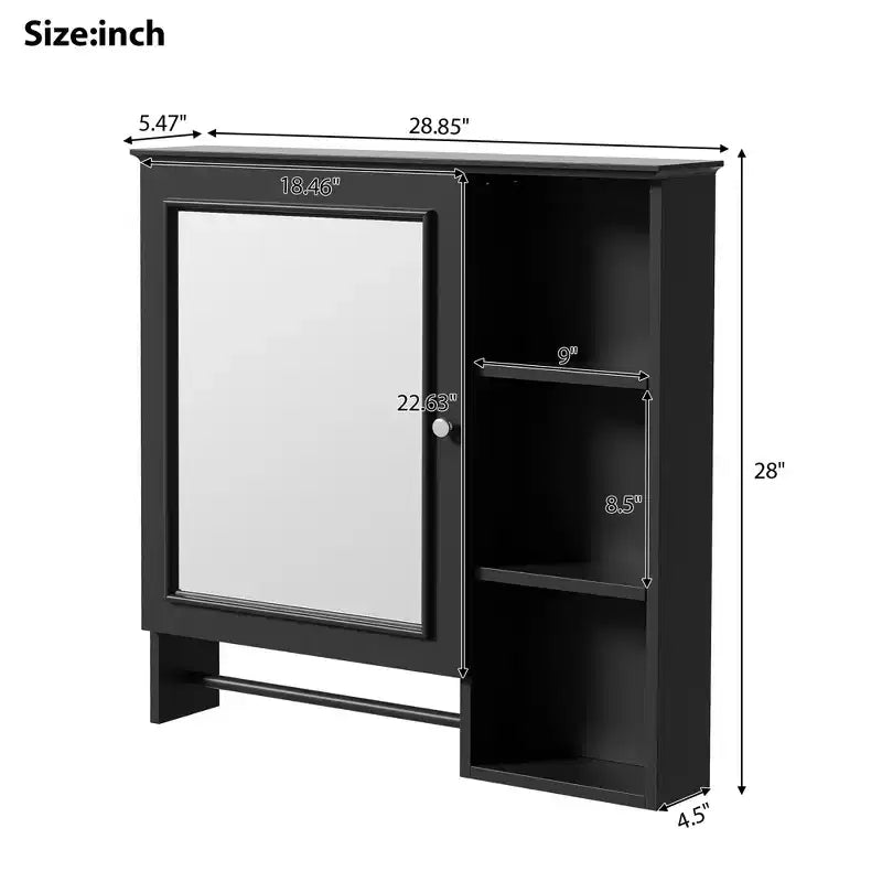Armoire de toilette murale, armoire à pharmacie avec grande porte miroir, étagères réglables et trois niveaux de rangement ouverts