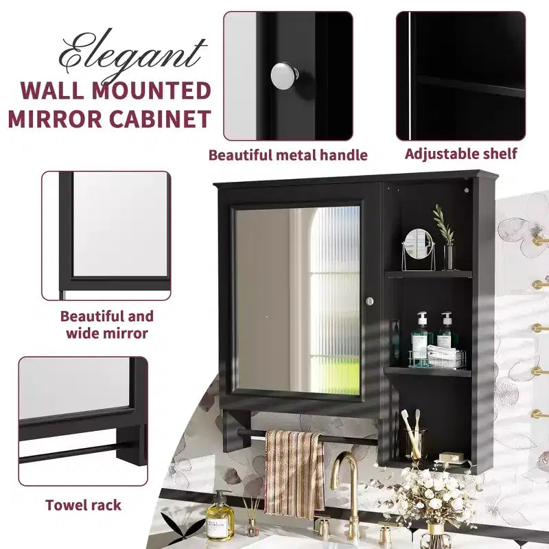 Armoire de toilette murale, armoire à pharmacie avec grande porte miroir, étagères réglables et trois niveaux de rangement ouverts