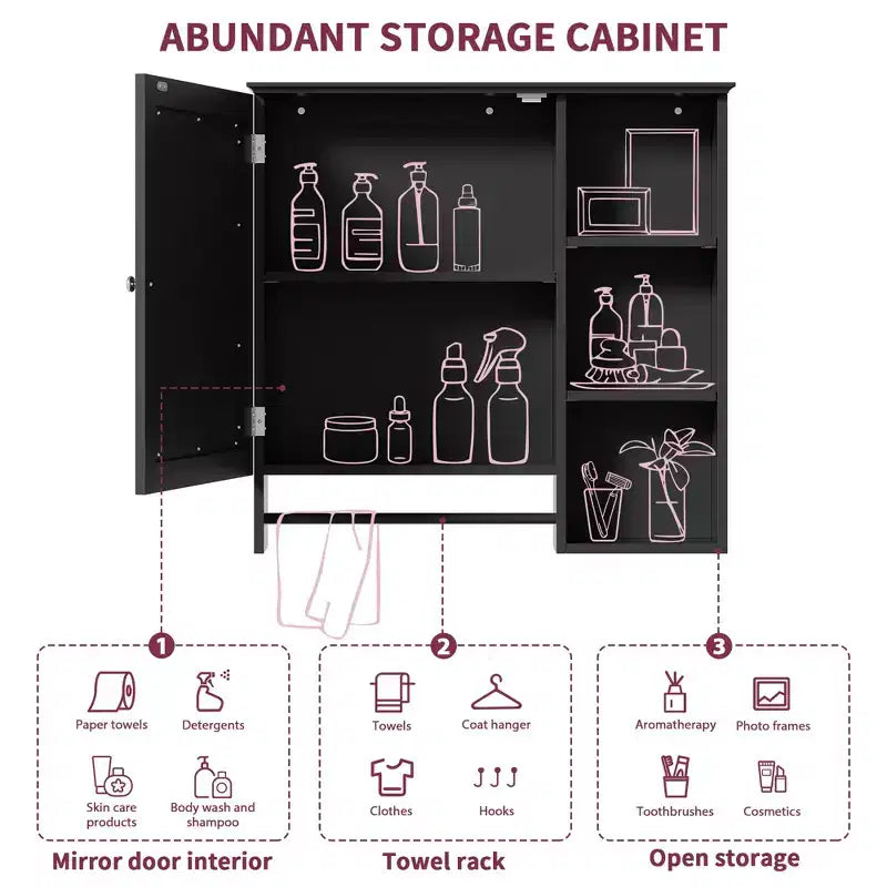Armoire de toilette murale, armoire à pharmacie avec grande porte miroir, étagères réglables et trois niveaux de rangement ouverts
