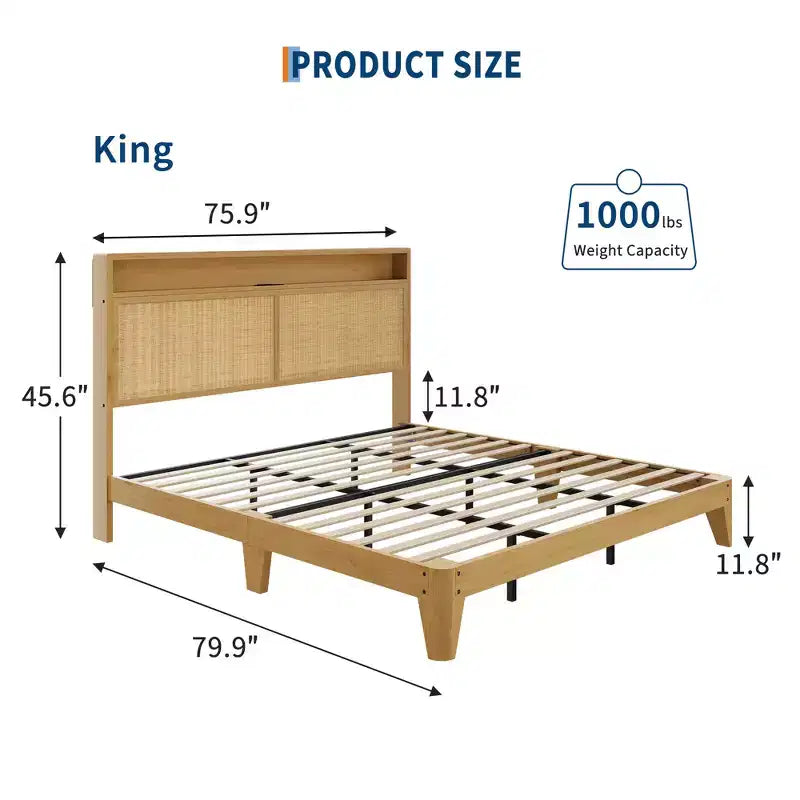 Cadre de lit en rotin double avec lumière LED et station de charge, avec tête de lit de rangement à 2 niveaux, rangement sous le lit, pas besoin de sommier tapissier, cadre de lit en bois bohème