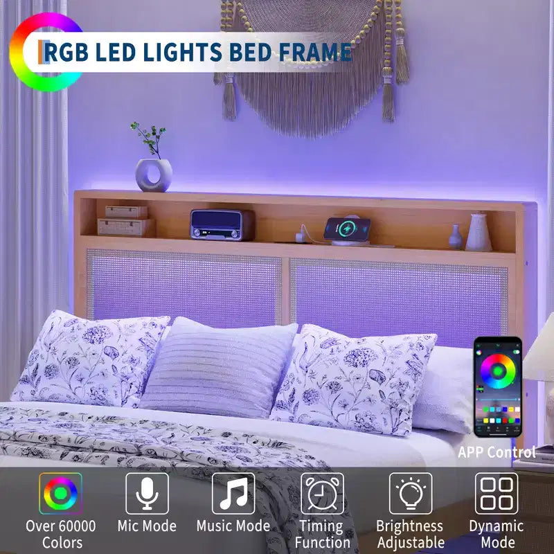 Cadre de lit en rotin double avec lumière LED et station de charge, avec tête de lit de rangement à 2 niveaux, rangement sous le lit, pas besoin de sommier tapissier, cadre de lit en bois bohème