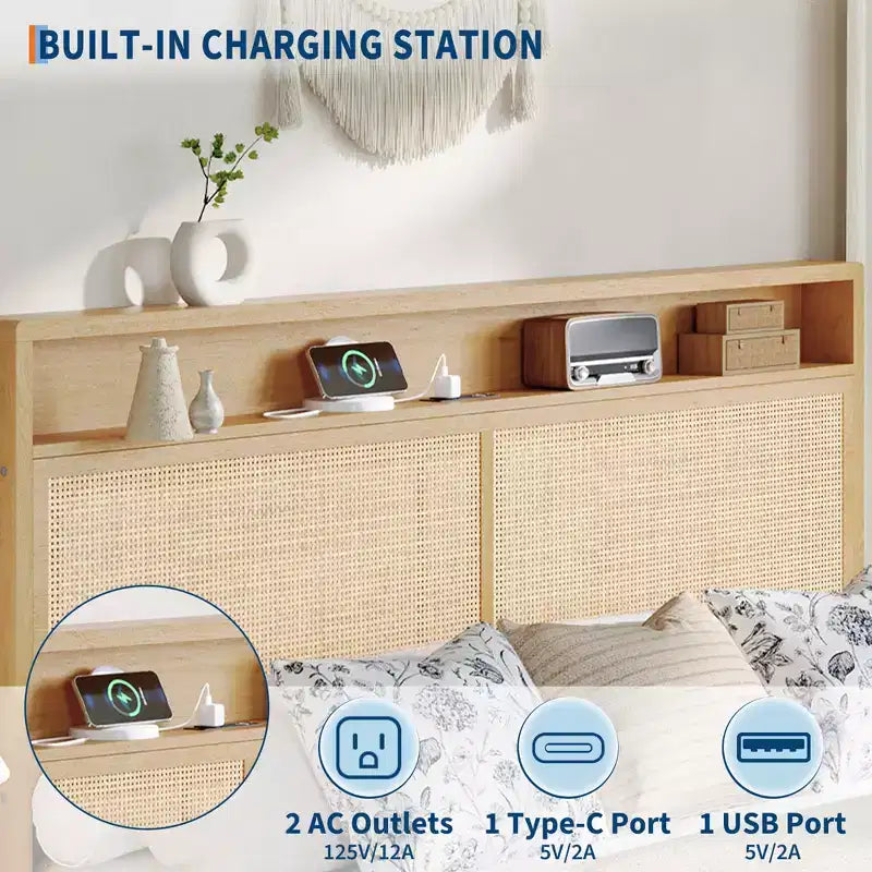 Cadre de lit en rotin double avec lumière LED et station de charge, avec tête de lit de rangement à 2 niveaux, rangement sous le lit, pas besoin de sommier tapissier, cadre de lit en bois bohème