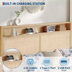 Cadre de lit en rotin double avec lumière LED et station de charge, avec tête de lit de rangement à 2 niveaux, rangement sous le lit, pas besoin de sommier tapissier, cadre de lit en bois bohème