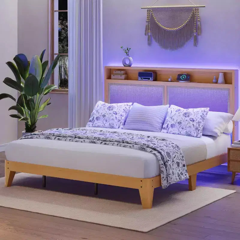 Cadre de lit en rotin double avec lumière LED et station de charge, avec tête de lit de rangement à 2 niveaux, rangement sous le lit, pas besoin de sommier tapissier, cadre de lit en bois bohème