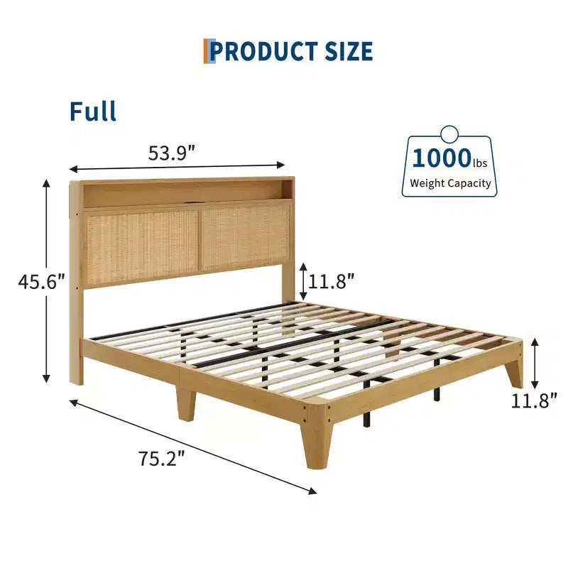 Cadre de lit en rotin double avec lumière LED et station de charge, avec tête de lit de rangement à 2 niveaux, rangement sous le lit, pas besoin de sommier tapissier, cadre de lit en bois bohème