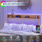Cadre de lit en rotin double avec lumière LED et station de charge, avec tête de lit de rangement à 2 niveaux, rangement sous le lit, pas besoin de sommier tapissier, cadre de lit en bois bohème