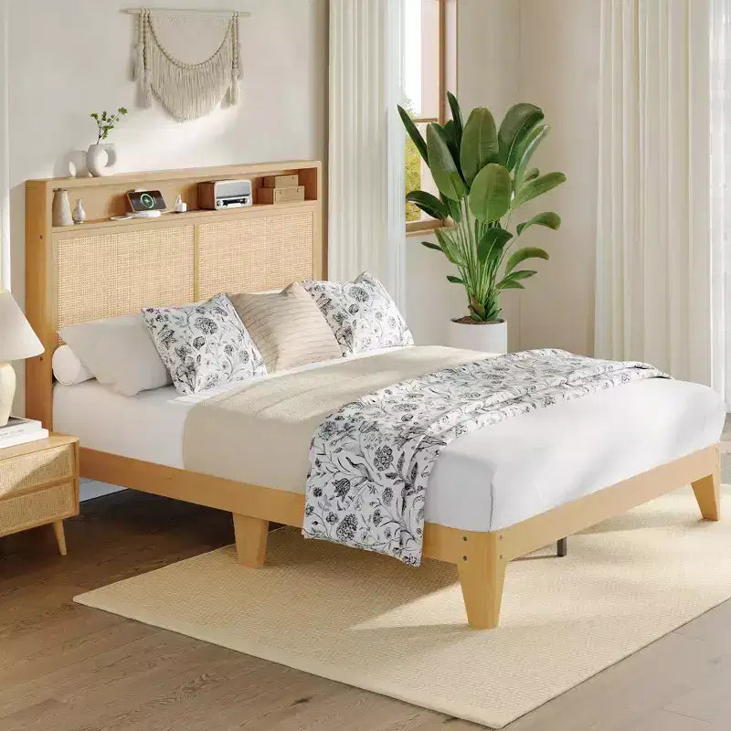 Rattan Bed Frame Full with LED Light & Charging Station, with 2 Tier Storage Headboard,Under Bed Storage,No Box Spring Needed, Boho Wood Bed Frame