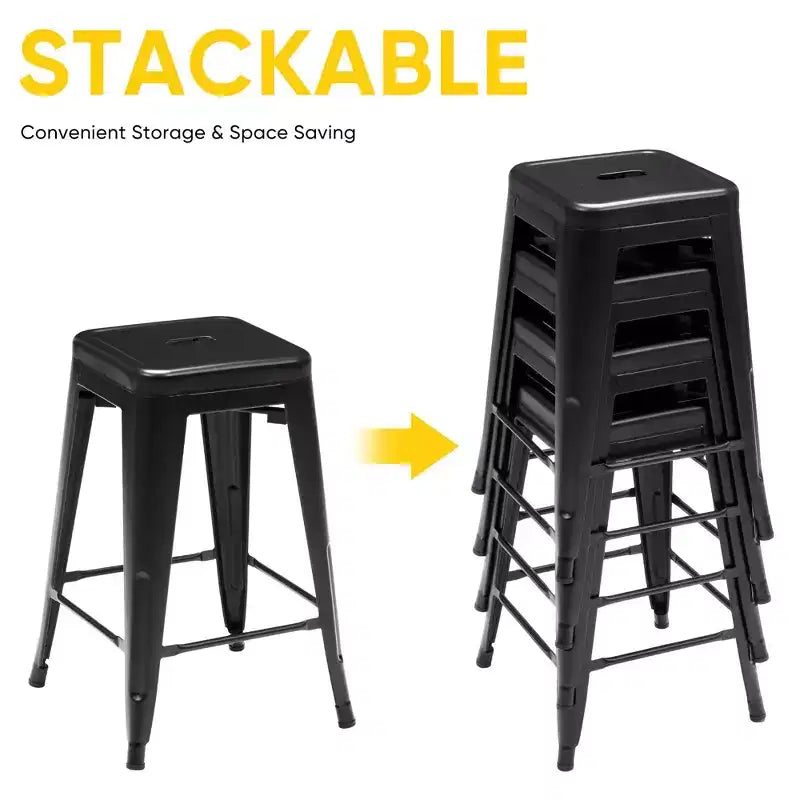 Tabourets de bar en métal 24 po, lot de 4, sans dossier, hauteur comptoir, empilables, sans assemblage, résistants aux rayures