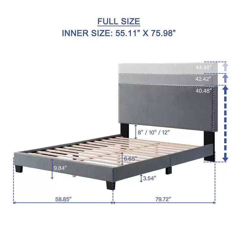 Cadre de lit Queen/Full pour chambre principale avec tête de lit capitonnée et garniture cloutée, lit plateforme moderne, aucun sommier tapissier requis