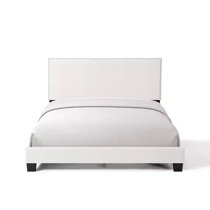 Cadre de lit Queen/Full pour chambre principale avec tête de lit capitonnée et garniture cloutée, lit plateforme moderne, aucun sommier tapissier requis