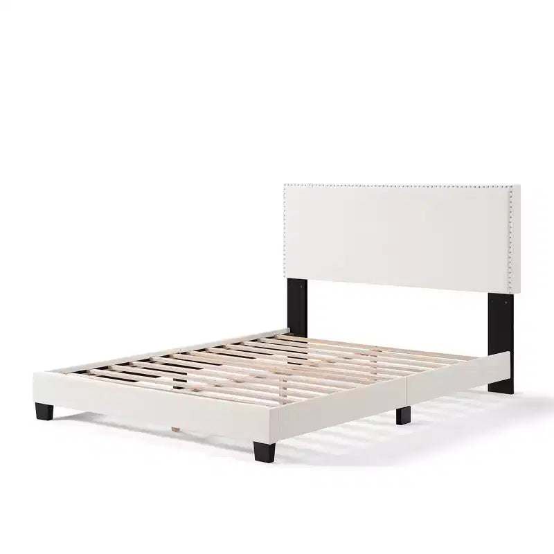 Cadre de lit Queen/Full pour chambre principale avec tête de lit capitonnée et garniture cloutée, lit plateforme moderne, aucun sommier tapissier requis