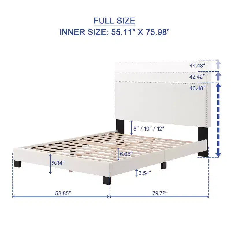 Cadre de lit Queen/Full pour chambre principale avec tête de lit capitonnée et garniture cloutée, lit plateforme moderne, aucun sommier tapissier requis