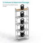 Étagère de rangement autoportante à 5 niveaux avec accents en bambou et cadre en acier, étagère verticale peu encombrante, blanche