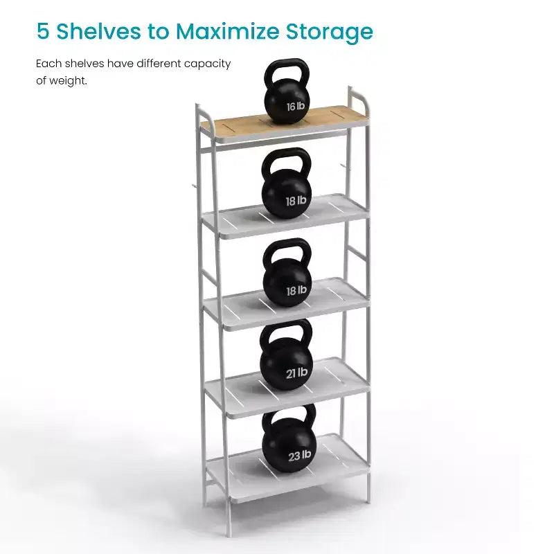 Étagère de rangement autoportante à 5 niveaux avec accents en bambou et cadre en acier, étagère verticale peu encombrante, blanche