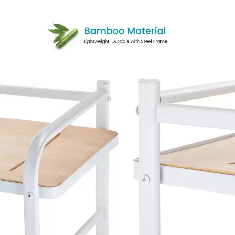 Étagère de rangement autoportante à 5 niveaux avec accents en bambou et cadre en acier, étagère verticale peu encombrante, blanche
