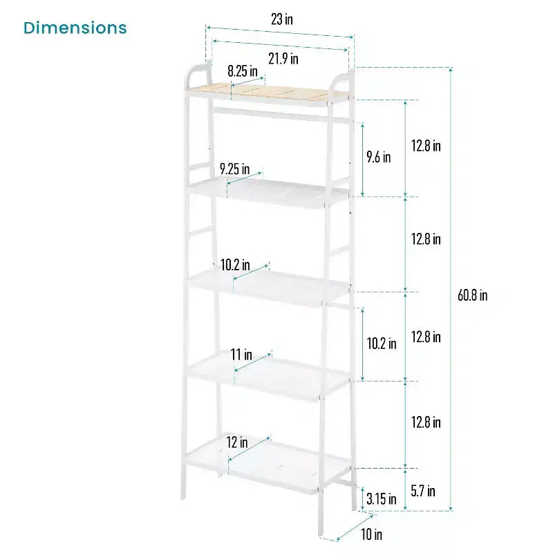 Étagère de rangement autoportante à 5 niveaux avec accents en bambou et cadre en acier, étagère verticale peu encombrante, blanche