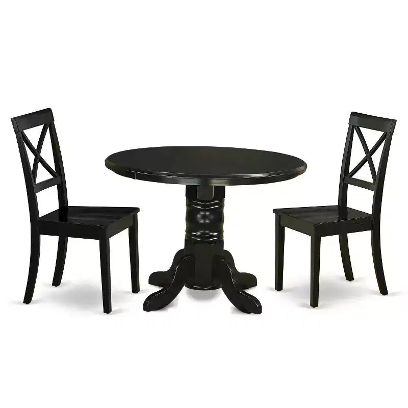 HomeStock 3-Piece Round Black Finish Solid Wood Top Dining Table with 2 Chairs