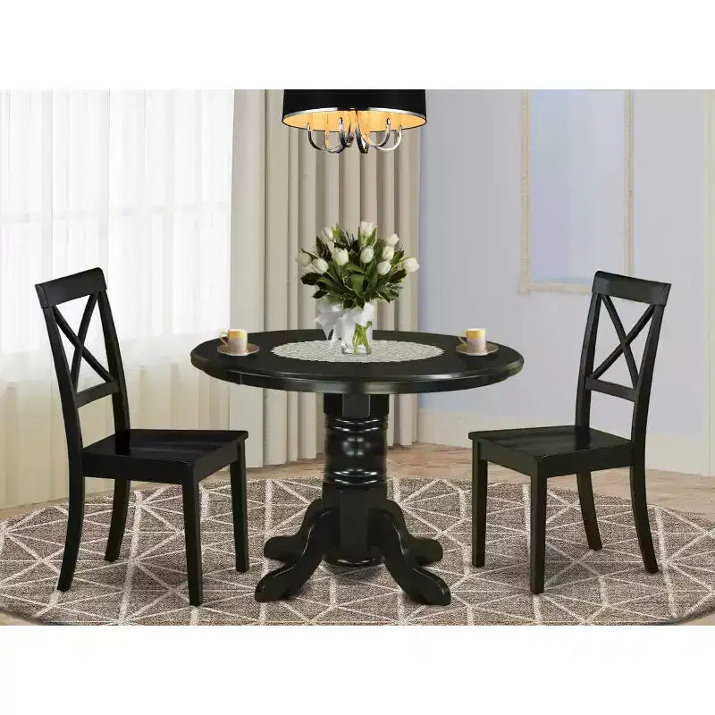 Table à manger ronde 3 pièces avec plateau en bois massif finition noire et 2 chaises