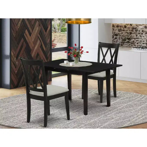 Table à manger 3 pièces rectangulaire en bois massif au fini noir avec rallonge papillon