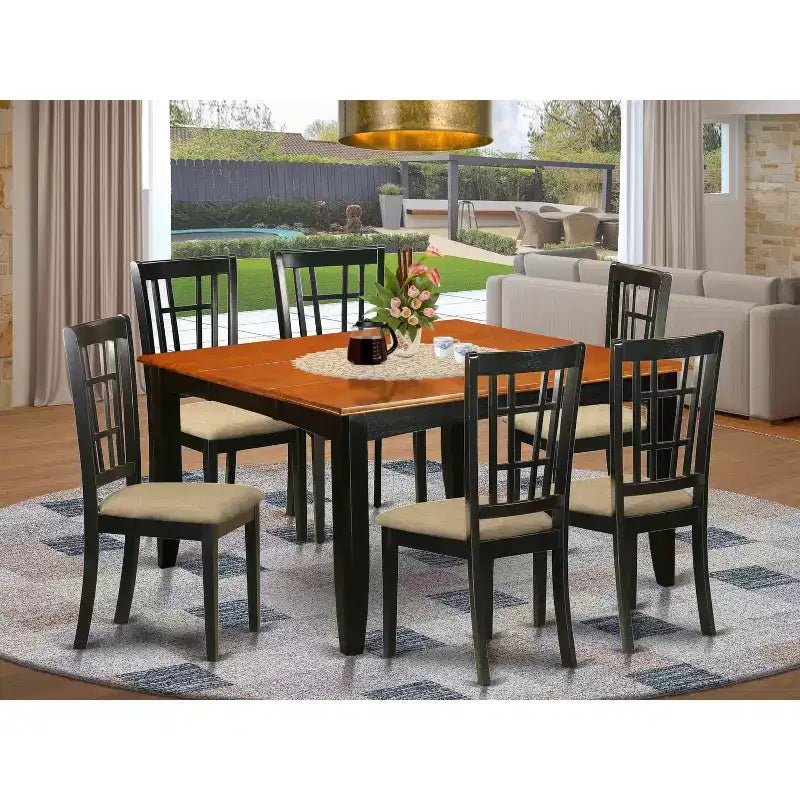 Table de salle à manger carrée 7 pièces avec plateau en bois massif noir et cerisier avec 6 chaises