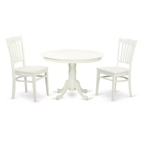 3-Piece Linen White Finish Solid Wood Top - Round Dining Room Set - Seats 4