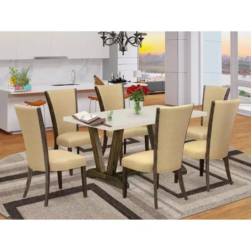 Table à manger en bois massif 7 pièces avec finition Jacobean vieillie et 6 chaises Parson