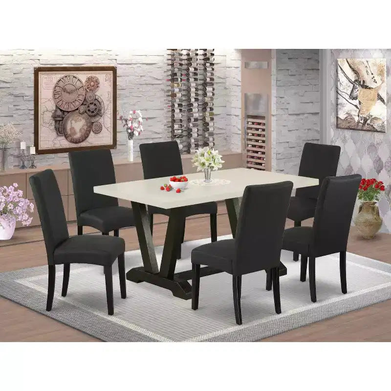 Table à manger rectangulaire 7 pièces avec plateau en bois massif finition chêne naturel et 6 chaises Parson