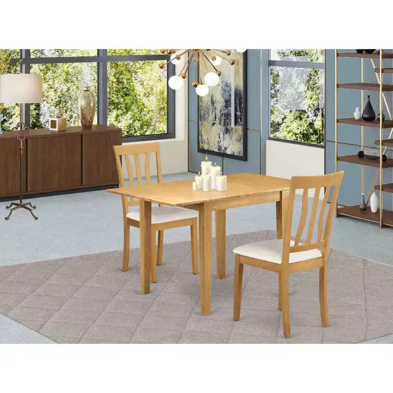 Table à manger 3 pièces en bois massif finition chêne brun naturel