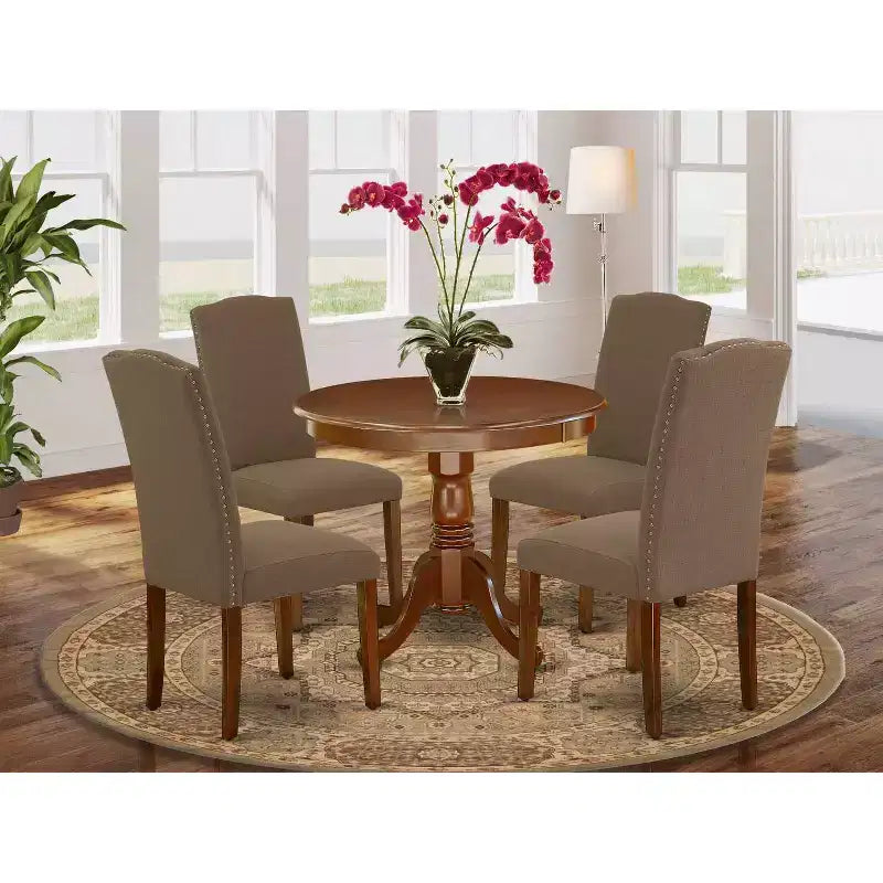 Table à manger ronde 5 pièces en bois massif finition acajou avec 4 chaises Parson