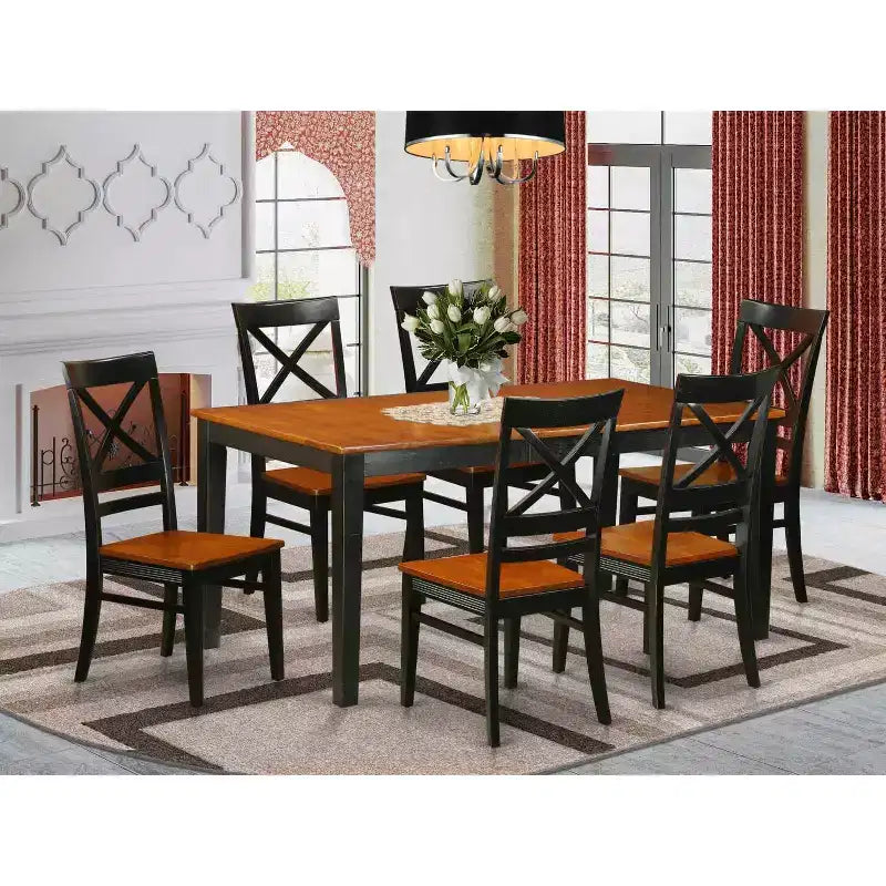 Table de salle à manger rectangulaire 7 pièces en bois massif finition noire et cerisier avec 6 chaises