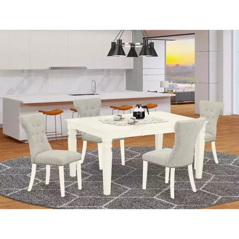 Table à manger 5 pièces en bois massif finition cerisier et laiteuse avec 4 chaises Parsons et rallonge papillon