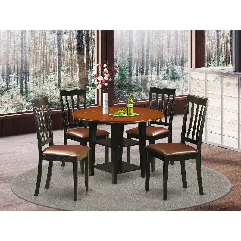 Ensemble table ronde et 4 chaises de salle à manger – Dessus en bois massif noir et cerisier