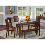 Ensemble de salle à manger 6 pièces avec table rectangulaire plateau en bois massif finition acajou, 1 banc et 4 chaises