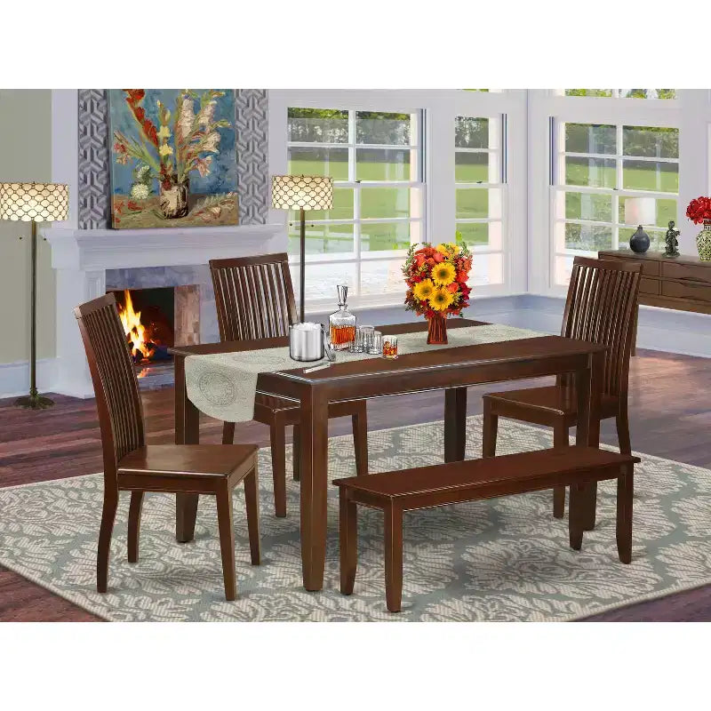 Ensemble de salle à manger 6 pièces avec table rectangulaire plateau en bois massif finition acajou, 1 banc et 4 chaises