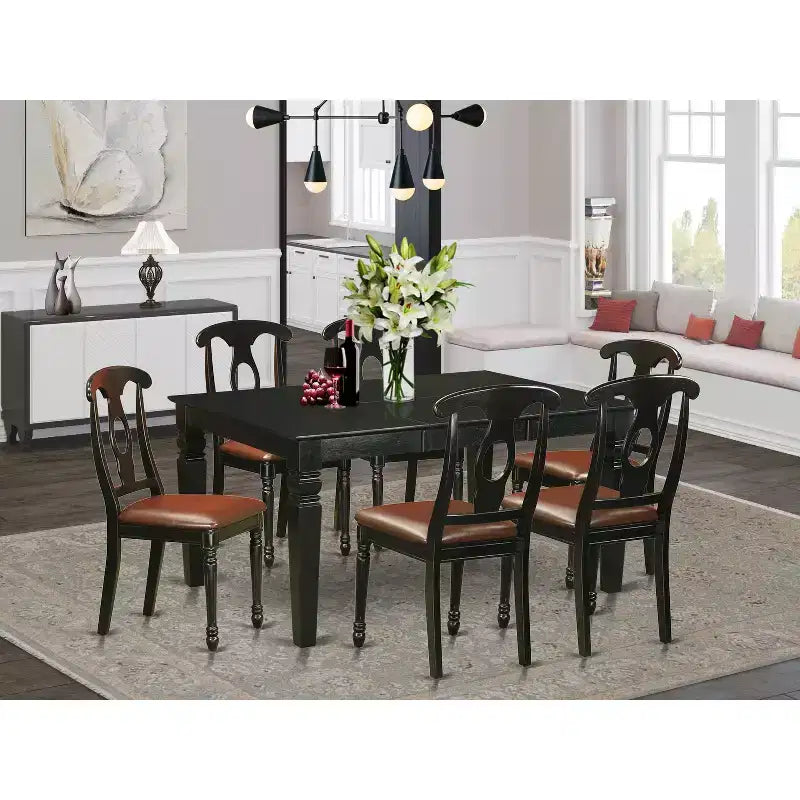 Table de salle à manger rectangulaire 7 pièces en bois massif finition noire avec 6 chaises